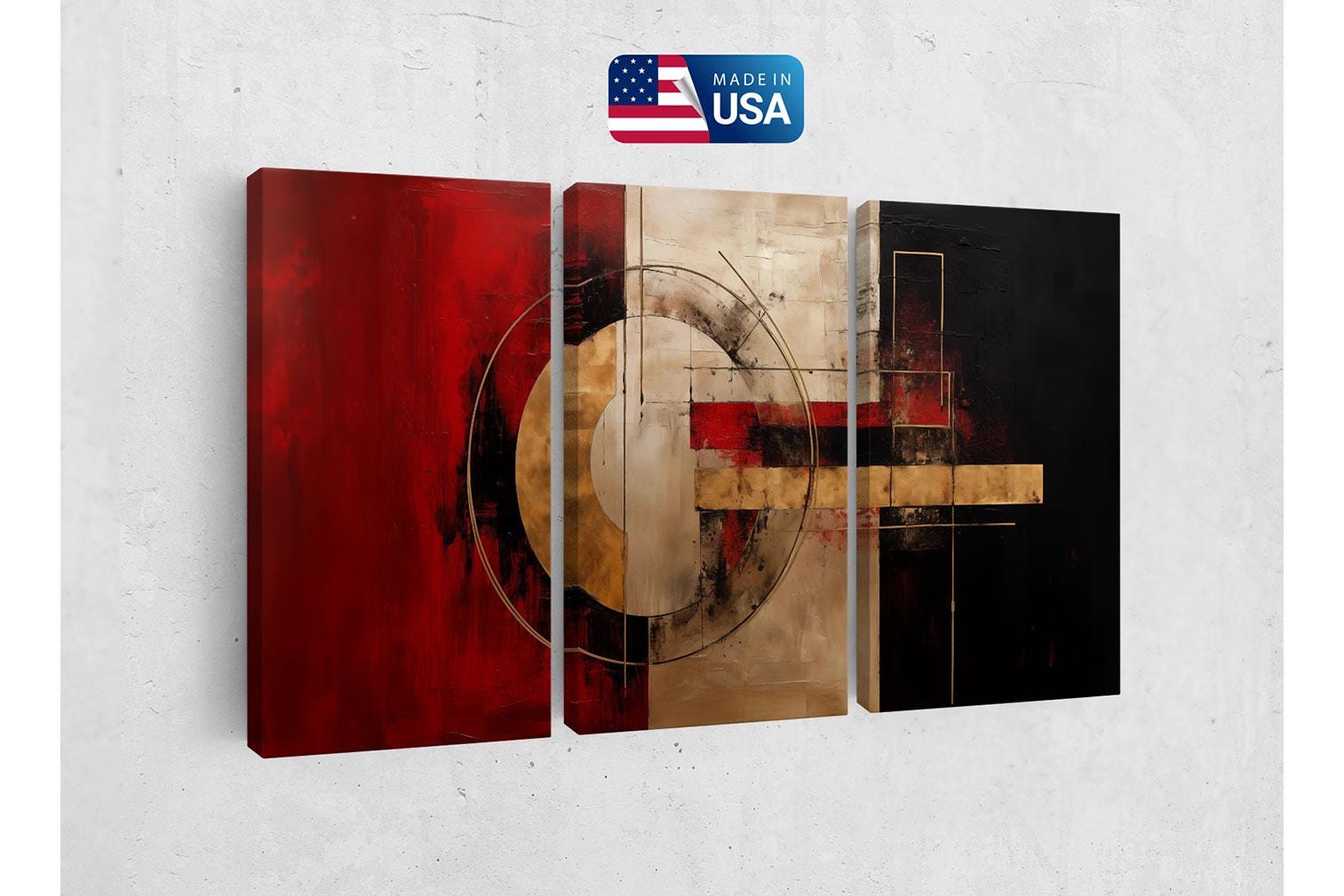 a set of three abstract paintings on a wall