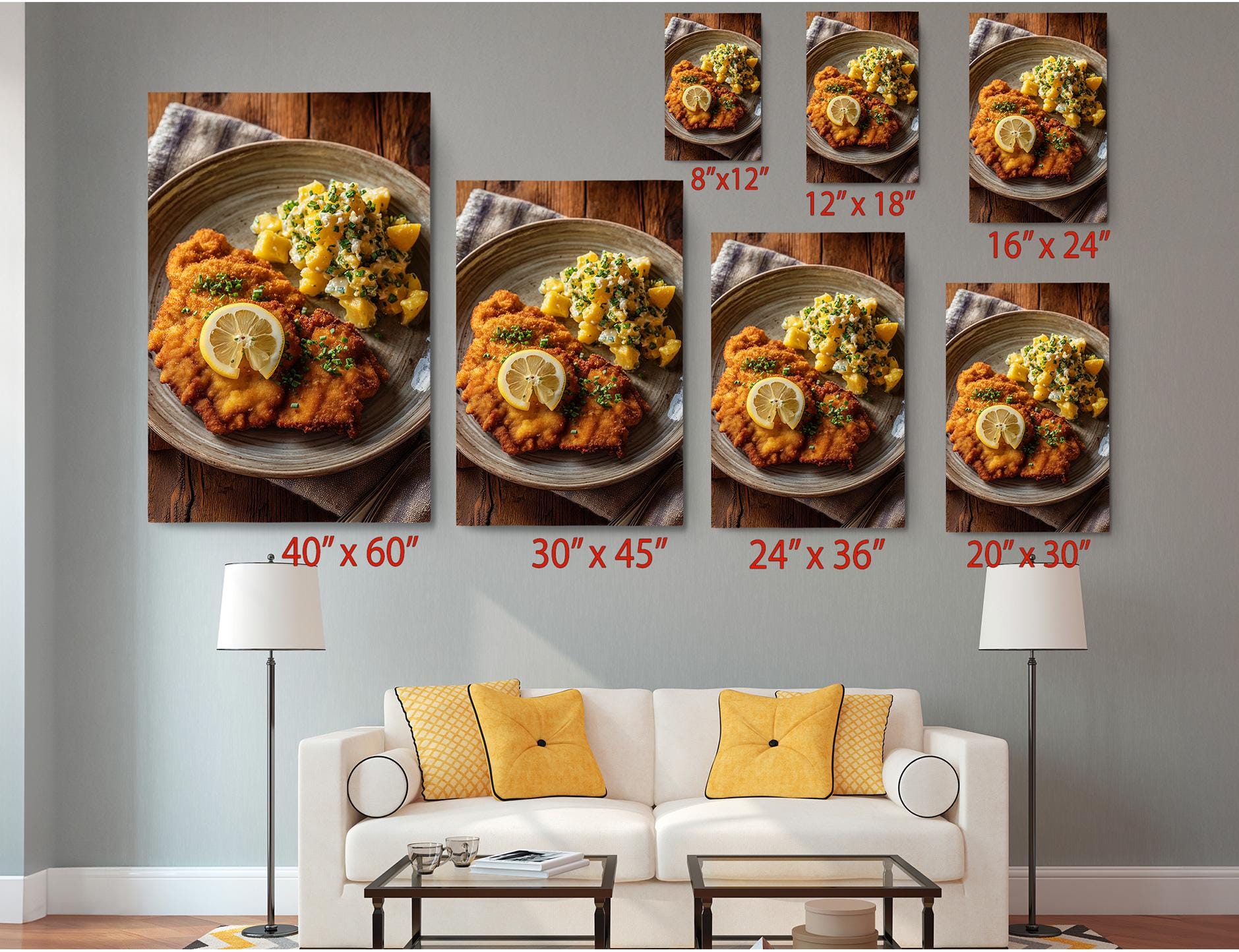 The image is a collage of six photographs depicting various types of food, including a plate of fried chicken, a plate of potato salad, and a plate of lemon slices. The photographs are arranged in a grid format, with each photograph having a corresponding size indicated in the image.