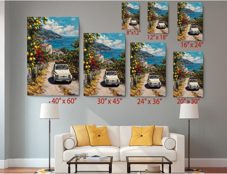 The image is a living room with a white sofa and a coffee table. Above the sofa, there are six framed pictures of a scenic coastal road with cars and buildings, each with a different size and resolution. The pictures are arranged in a grid-like pattern on the wall, creating a visually appealing display.