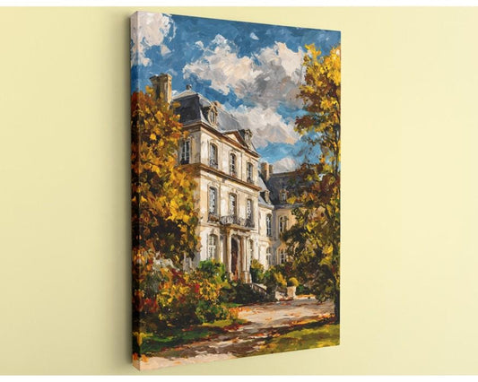 a large, ornate white building with a blue roof, surrounded by trees with autumn foliage.