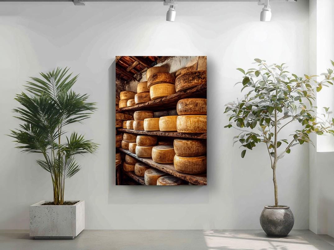 a wall with a large framed photograph of a wooden rack displaying various types of cheese. Next to the rack, there are two potted plants, one on each side of the frame.