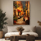 a cozy living room with a large painting of a street scene hanging on the wall. The painting features a restaurant with people dining at tables, surrounded by potted plants and a wooden table. The room is decorated with a white sofa, a wooden coffee table, and a vase with dried flowers.