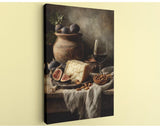 a still life arrangement featuring a variety of food items, including cheese, figs, almonds, and a glass of red wine, set against a rustic background.
