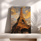 a large painting of the Eiffel Tower, a famous landmark in Paris, France. The painting showcases the intricate iron lattice structure of the tower against a dramatic sky with clouds. The painting is displayed on a white shelf, with two small vases placed on either side of it.