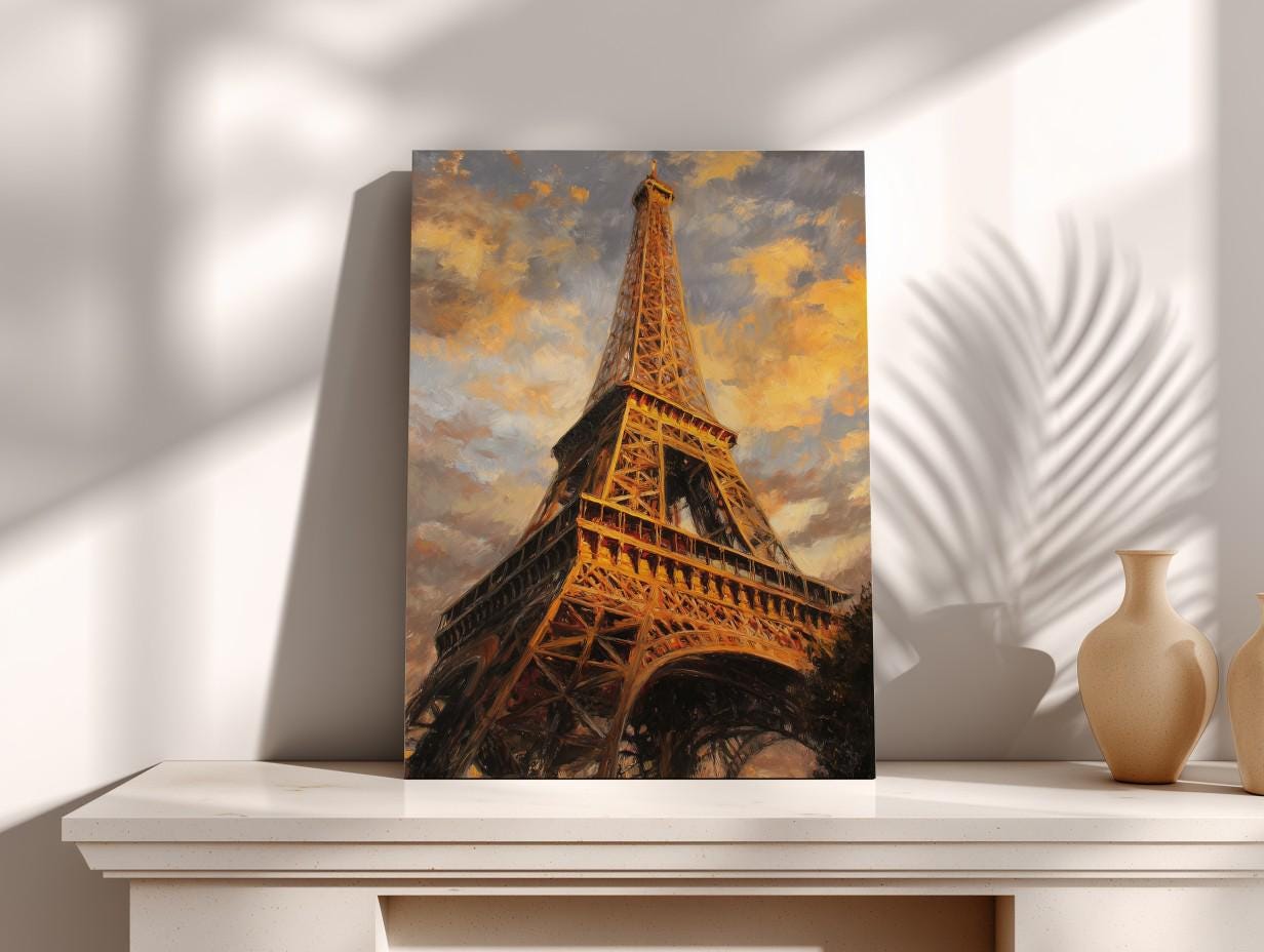 a large painting of the Eiffel Tower, a famous landmark in Paris, France. The painting showcases the intricate iron lattice structure of the tower against a dramatic sky with clouds. The painting is displayed on a white shelf, with two small vases placed on either side of it.