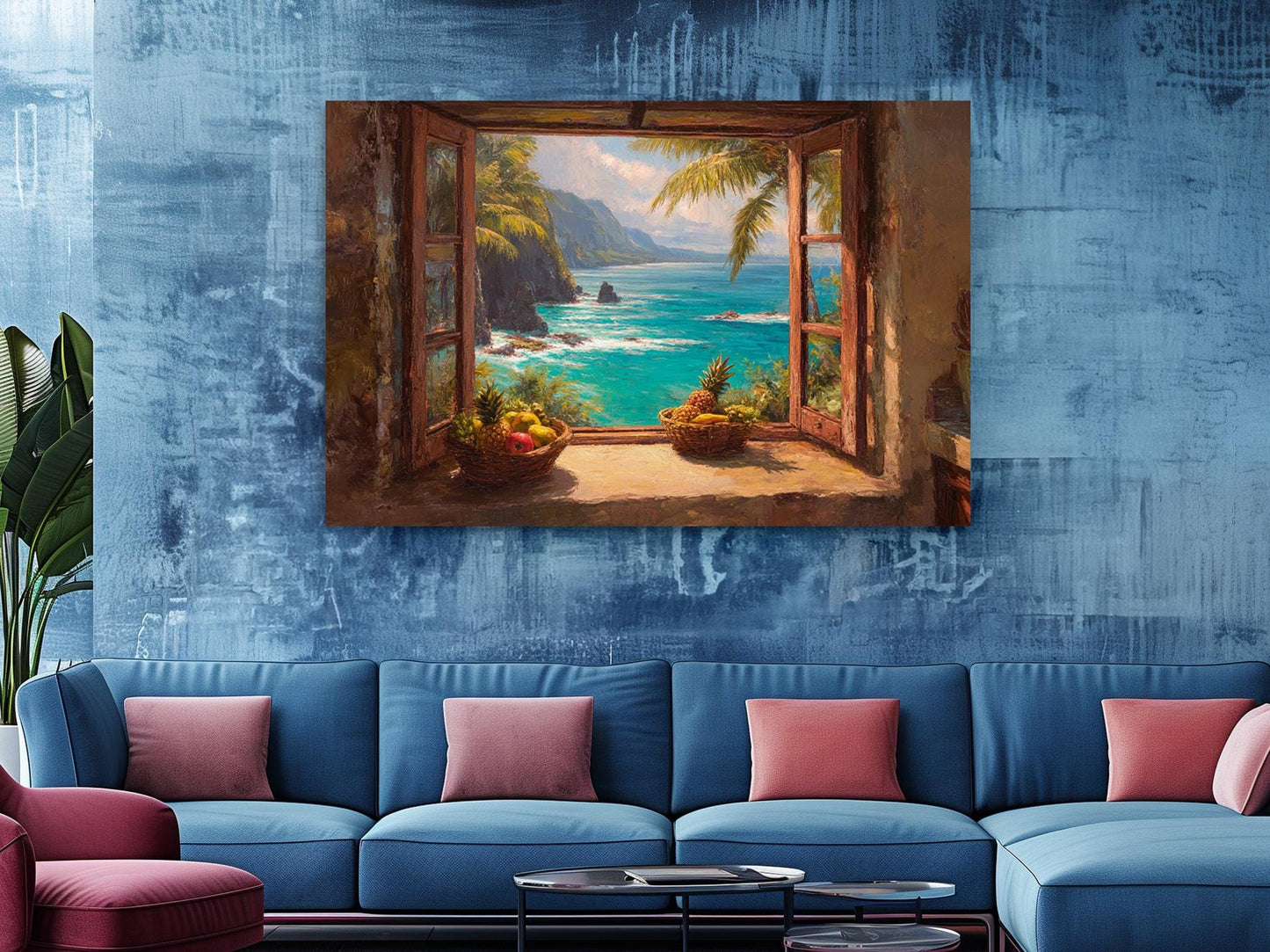 a large painting of a tropical beach scene hanging on a blue wall above a blue couch with pink pillows.