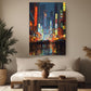 a vibrant cityscape with a large, colorful painting hanging on the wall above a white sofa in a cozy living room setting.