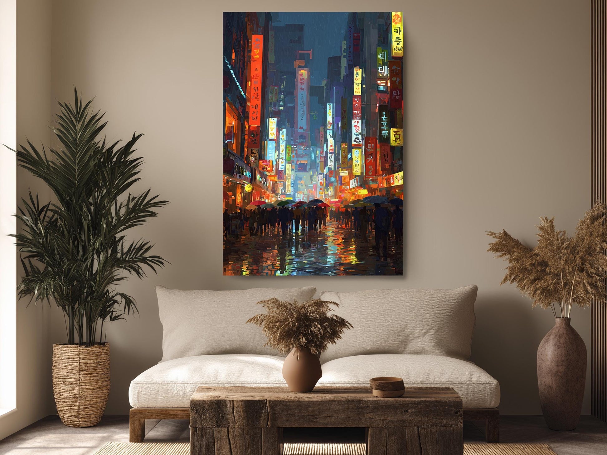 a vibrant cityscape with a large, colorful painting hanging on the wall above a white sofa in a cozy living room setting.