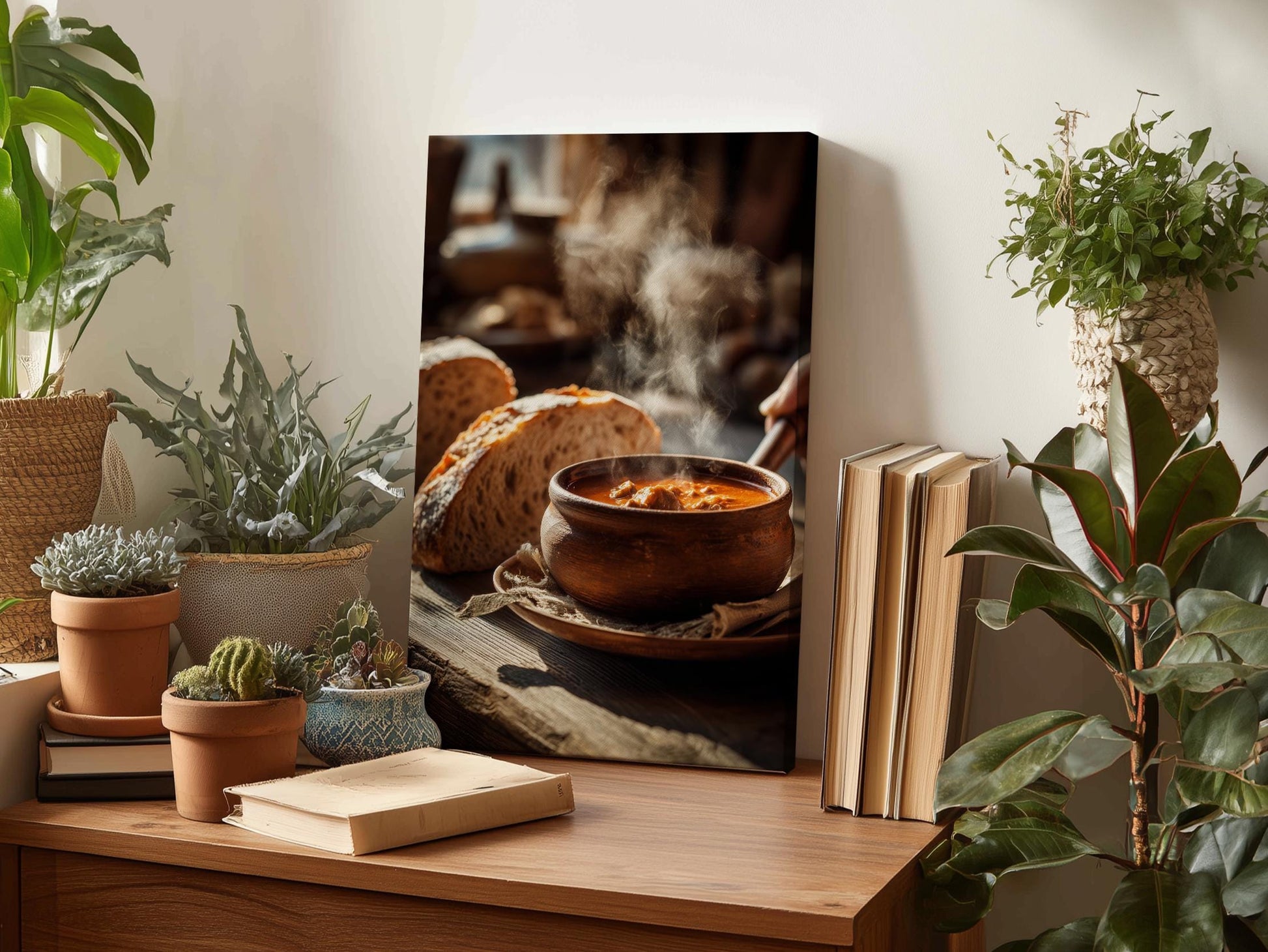a wooden table with various items on it, including a bowl of soup, a book, and several potted plants.