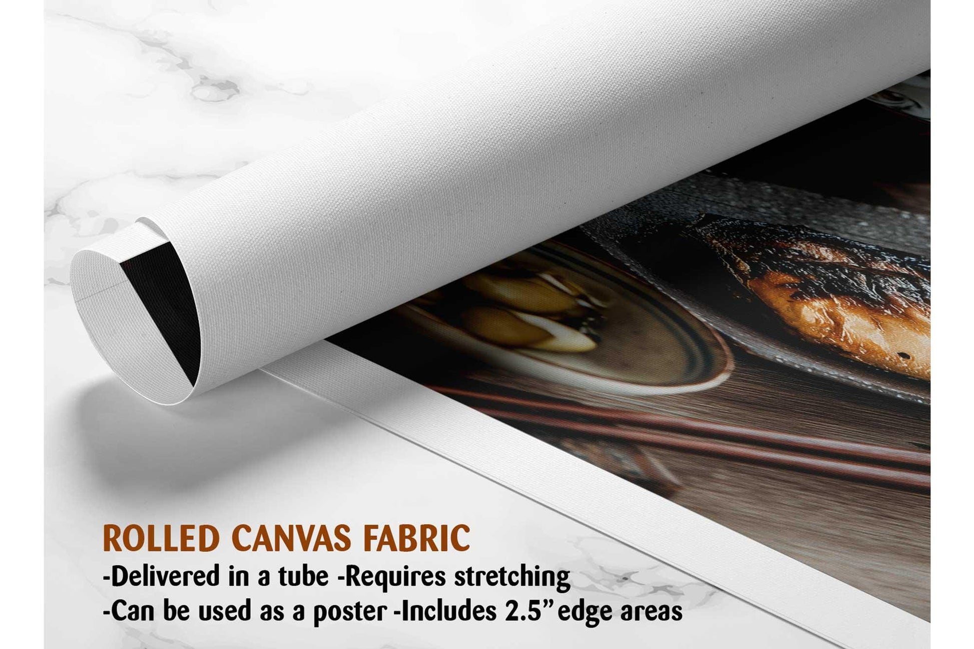 The image is a rolled canvas fabric, which is a type of canvas material used for creating posters or wall art. It is described as a tube-delivered fabric, which means it is delivered in a tube and requires stretching before use. The fabric can be used as a poster and includes a 2.5&quot; edge area.