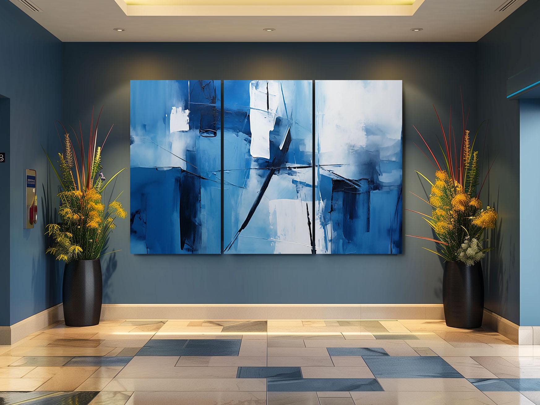 a painting of blue and white in a room