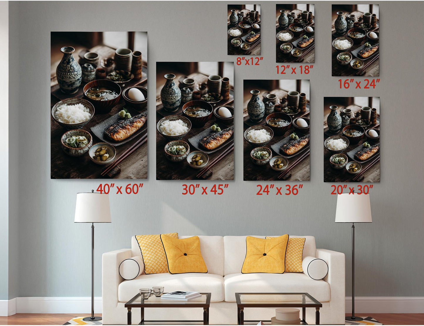The image is a living room with a white sofa and a coffee table. Above the sofa, there are six framed photographs of various dishes, including bowls, plates, and cups, arranged in a grid-like pattern. The photographs are of different sizes, ranging from 8&quot; x 12&quot; to 24&quot; x 36&quot;. The arrangement of the photographs and the overall composition of the living room create a visually appealing and harmonious space.