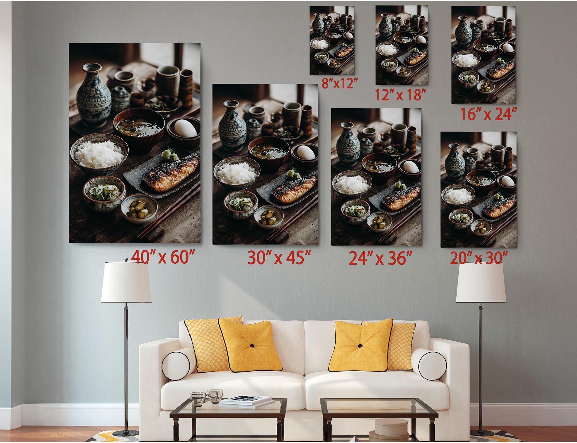 The image is a living room with a white sofa and a coffee table. Above the sofa, there are six framed photographs of various dishes, including bowls, plates, and cups, arranged in a grid-like pattern. The photographs are of different sizes, ranging from 8&quot; x 12&quot; to 24&quot; x 36&quot;. The arrangement of the photographs and the overall composition of the living room create a visually appealing and harmonious space.