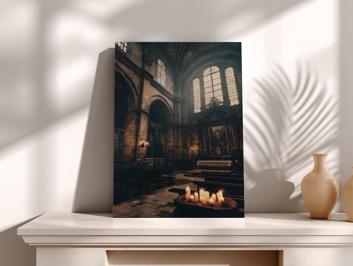 a serene and peaceful church interior, with a large archway and stained glass windows that allow natural light to filter in. The altar is adorned with candles, creating a warm and inviting atmosphere. The overall scene conveys a sense of tranquility and reverence, characteristic of a place of worship.