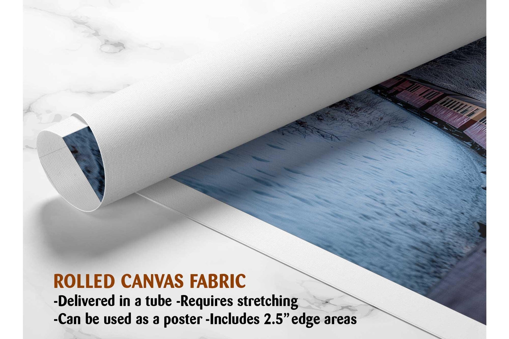 The image is a rolled canvas fabric, which is a type of canvas material used for painting or printing. It is described as a tube-delivered fabric, which means it is delivered in a tube and requires stretching before use. The fabric can be used as a poster, with a 2.5&quot; edge area.