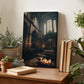 a wooden desk with a framed photograph of a church interior, surrounded by various potted plants and books.