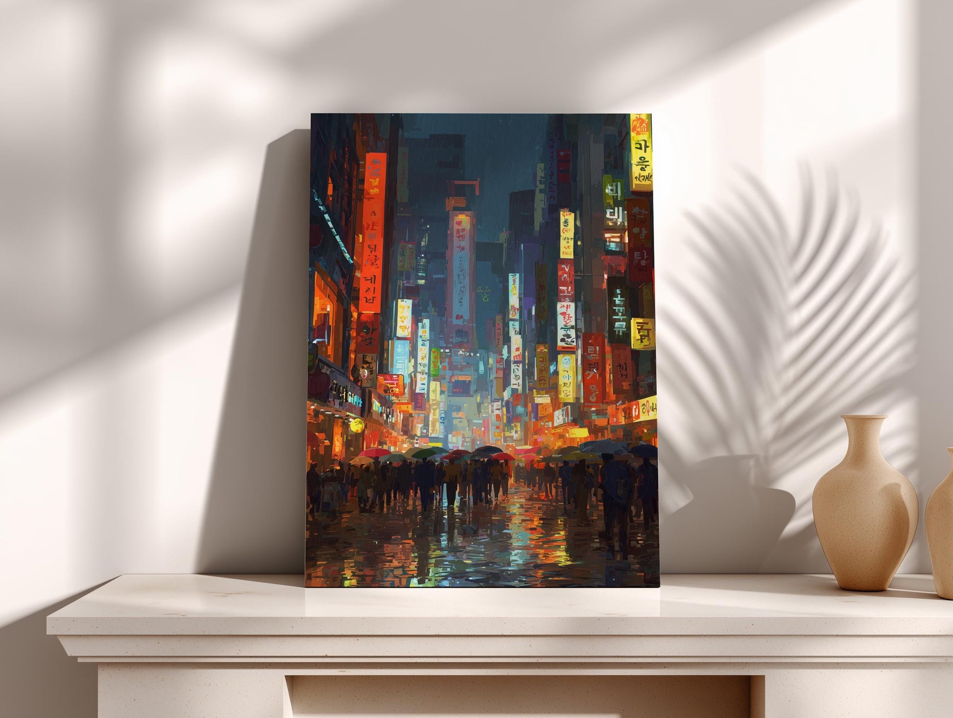 a vibrant and bustling city street at night, with tall buildings adorned with colorful signs and advertisements, creating a lively and energetic atmosphere.