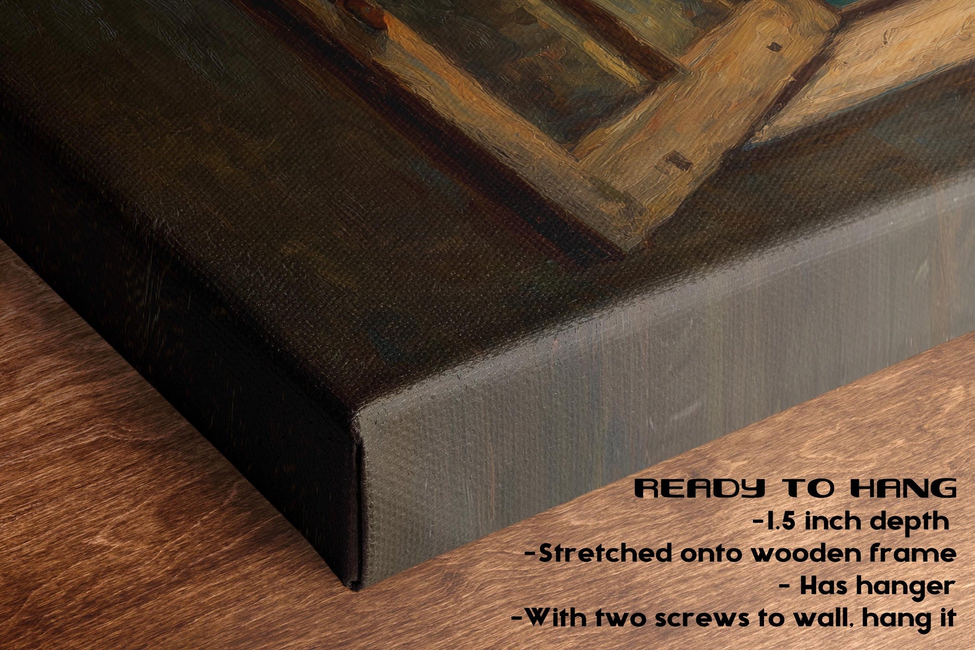 The image is a close-up of a wooden frame with a painting on it, placed on a wooden surface.