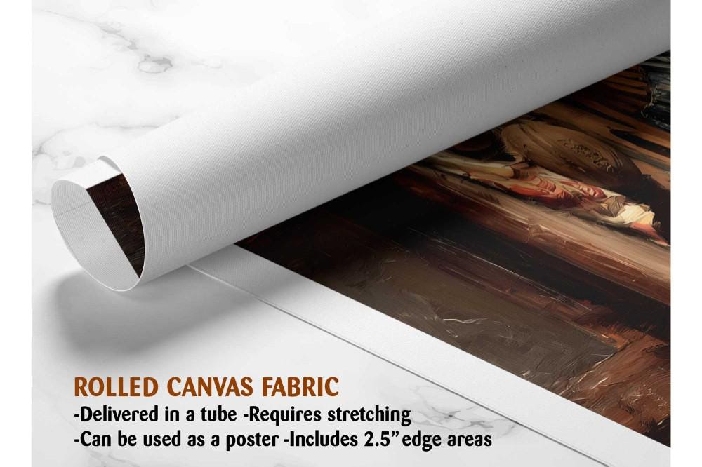 The image is a rolled canvas fabric, which is a type of canvas material used for painting or printing. It is described as a tube-delivered canvas fabric, which means it is delivered in a tube and requires stretching before use. It can be used as a poster with a 2.5&quot; edge area.