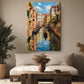 a cozy living room with a large painting of a picturesque canal scene hanging on the wall. The painting depicts a gondola floating down the canal, surrounded by colorful buildings and lush greenery. The room is decorated with a comfortable sofa, a wooden coffee table, and potted plants, creating a warm and inviting atmosphere.