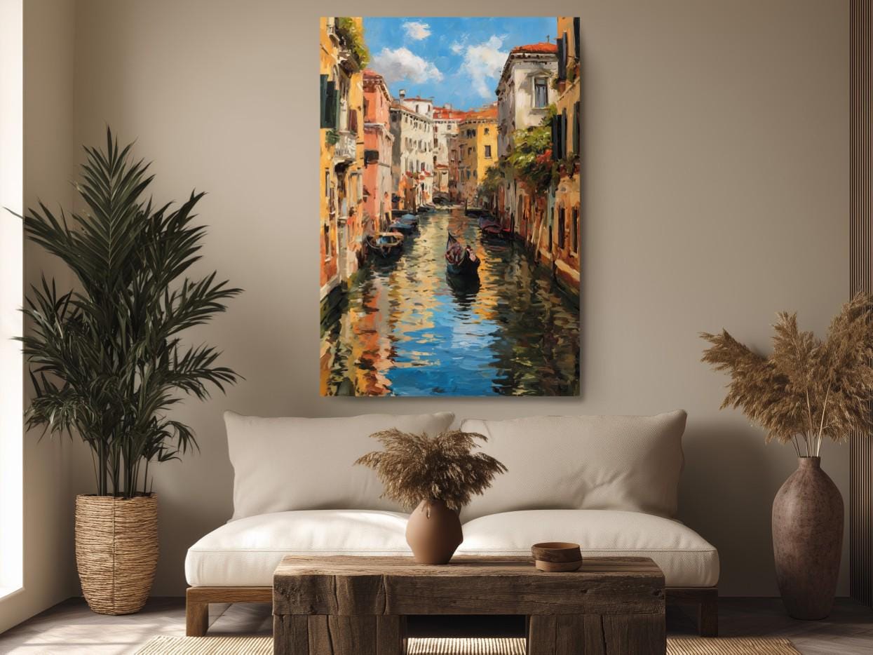 a cozy living room with a large painting of a picturesque canal scene hanging on the wall. The painting depicts a gondola floating down the canal, surrounded by colorful buildings and lush greenery. The room is decorated with a comfortable sofa, a wooden coffee table, and potted plants, creating a warm and inviting atmosphere.