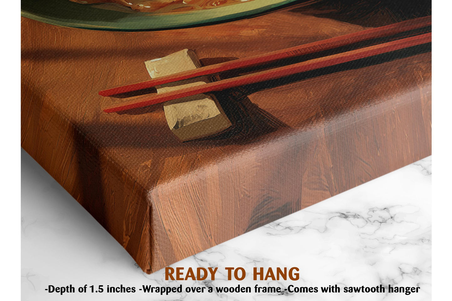 a wooden table with chopsticks resting on it, and there is a small piece of food on the table.