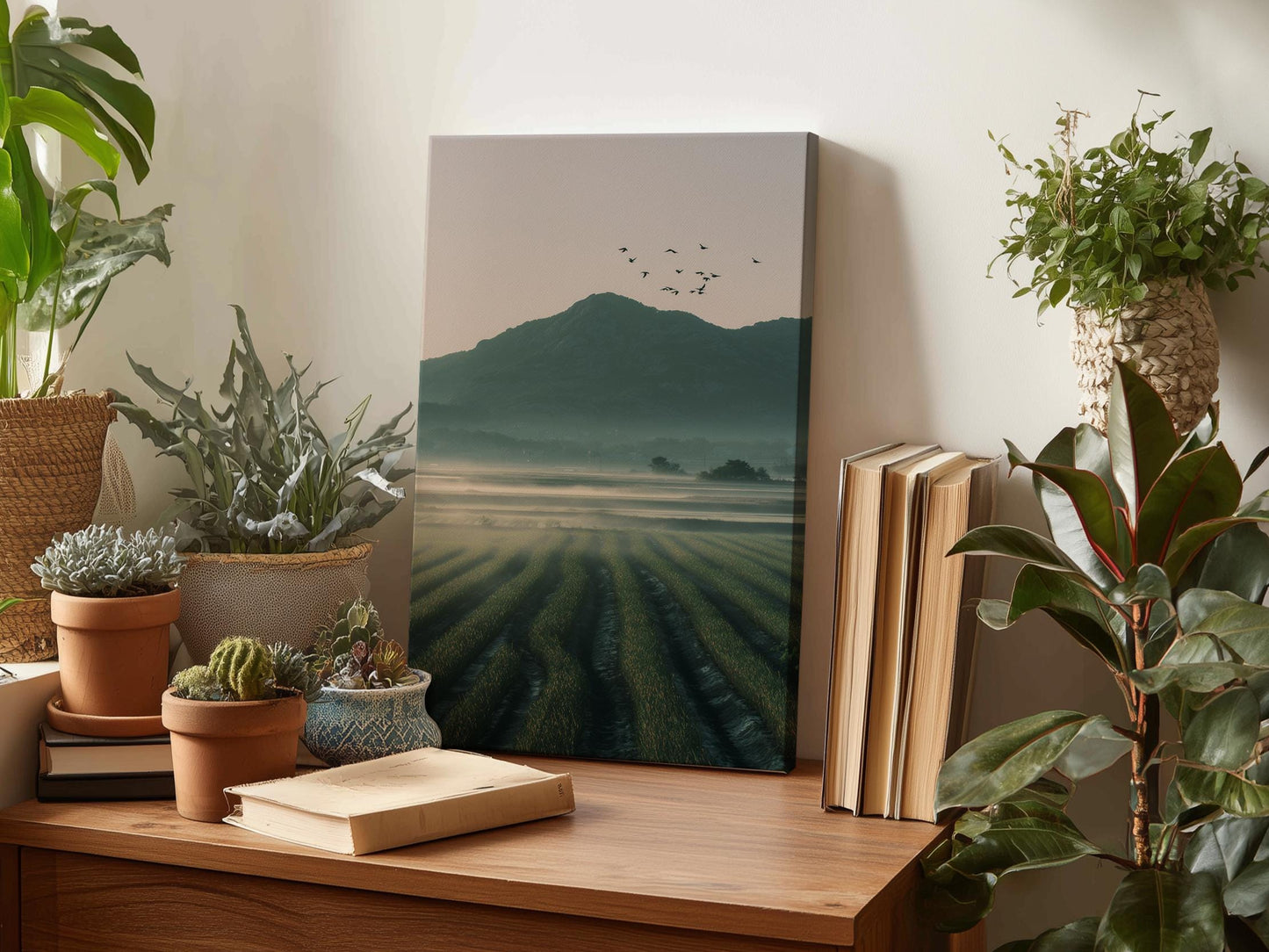 a wooden desk with a painting of a field, a stack of books, and several potted plants.