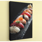 A close-up image of a variety of sushi rolls on a black plate, showcasing the vibrant colors and textures of the ingredients.