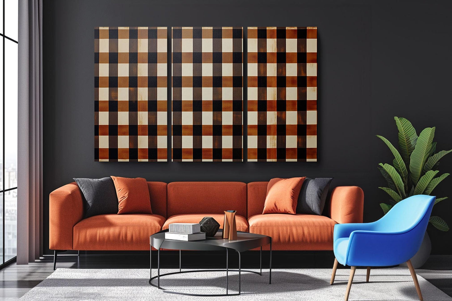 a living room with a couch, chair and a painting on the wall