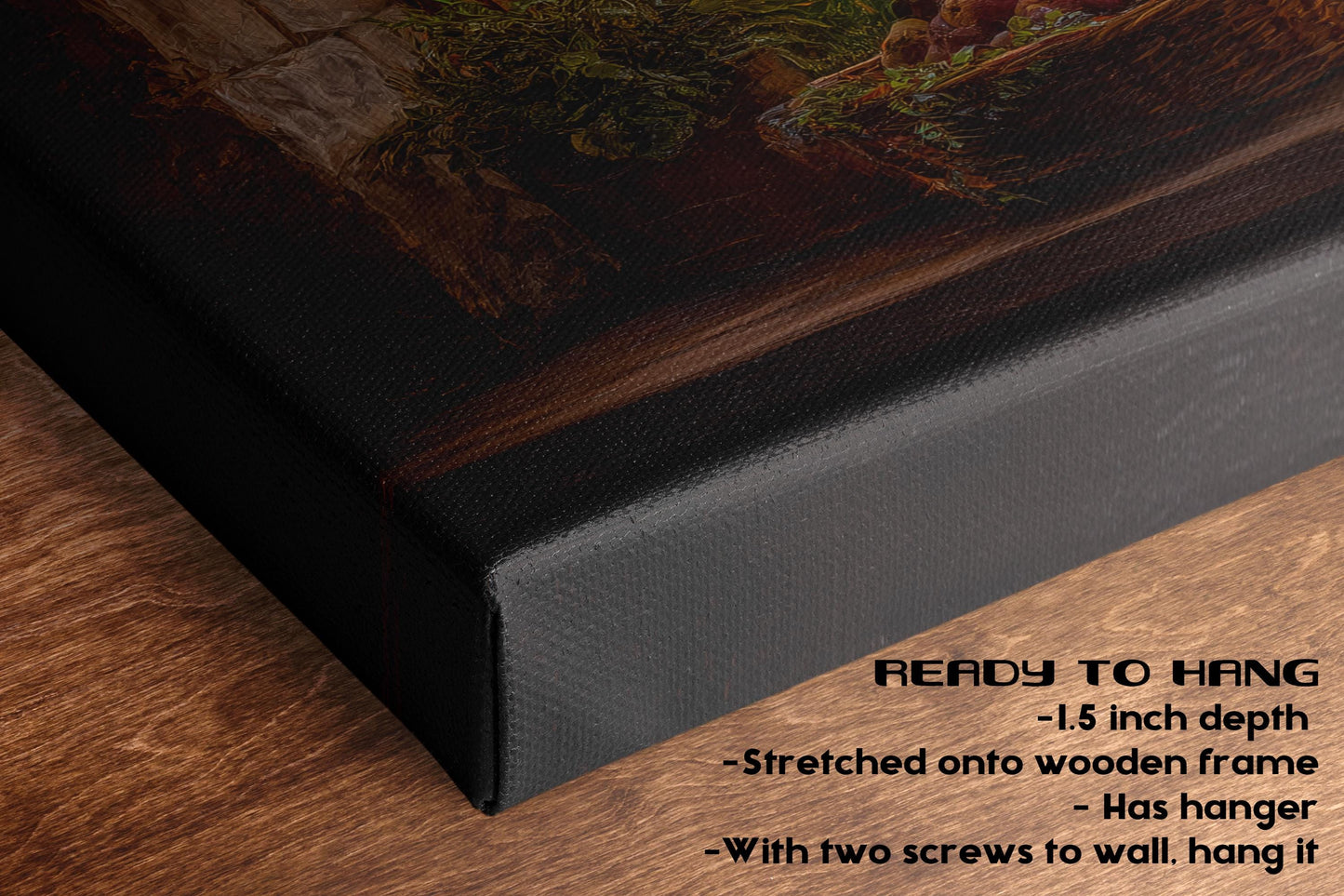 The image is a close-up of a black canvas print with a painting of a garden scene on it, placed on a wooden surface.