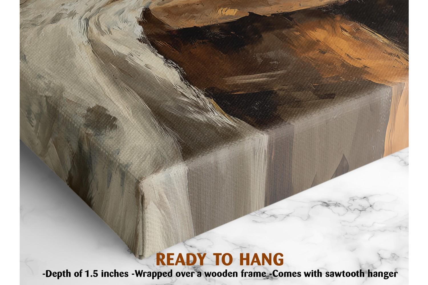 The image is a close-up of a wooden frame with a painting on top of it, and there is text that says &quot;READY TO HANG&quot; and &quot;Depth of 1.5 inches - Wrapped over a wooden frame - Comes with sawtooth hanger&quot;.