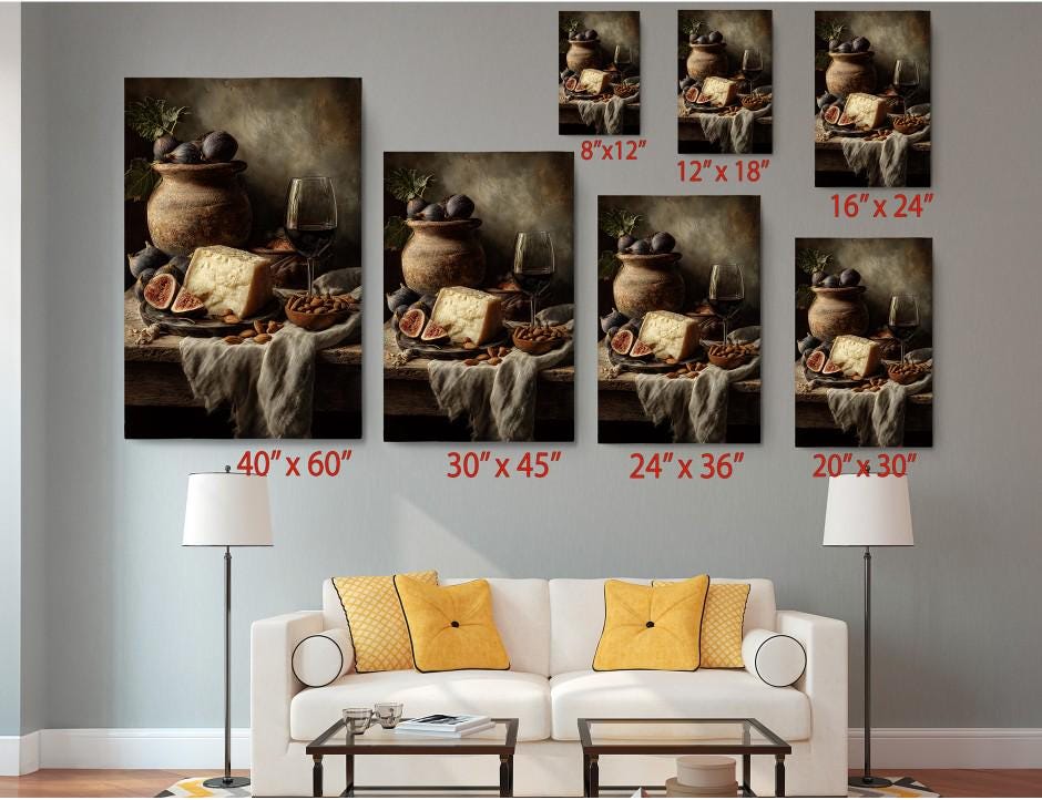 The image is a living room with a white sofa and a coffee table. Above the sofa, there are six identical paintings of the same scene, each with a different size and resolution, ranging from 8 x 12 to 24 x 36 inches. The paintings are arranged in a grid-like pattern on the wall, creating a visually appealing display.