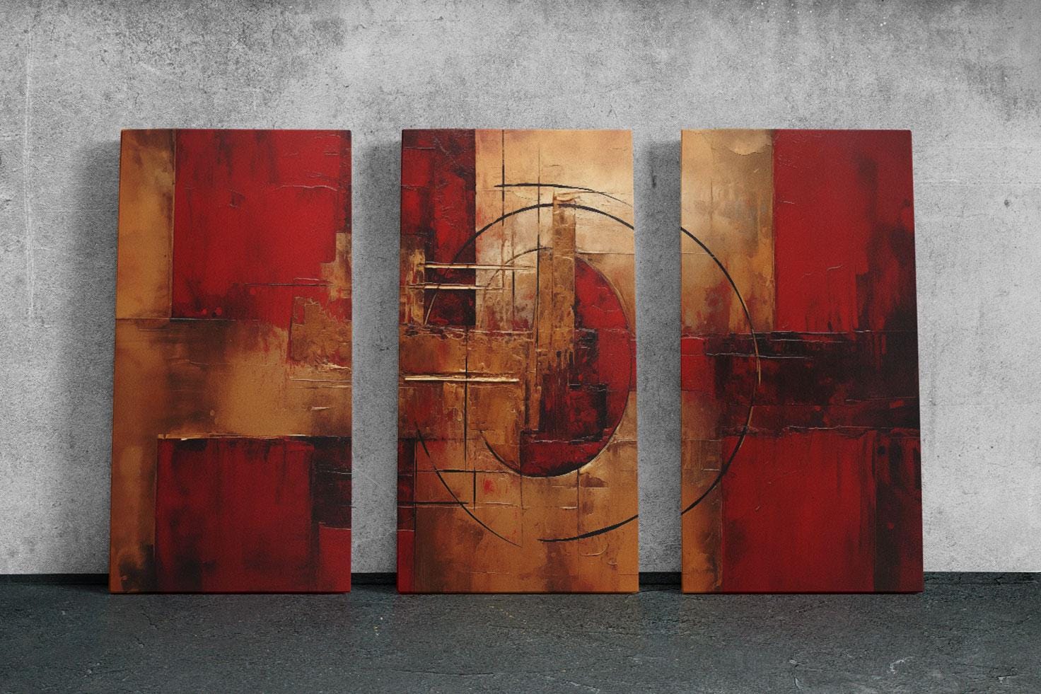 three pieces of art on a wall in a room