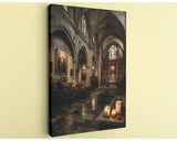 a grand, ornate church interior with high vaulted ceilings, stained glass windows, and a large altar. The space is illuminated by candles, creating a warm and serene atmosphere.