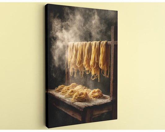 A wooden table with uncooked spaghetti noodles on it, and steam rising from the noodles, creating a warm and inviting atmosphere.