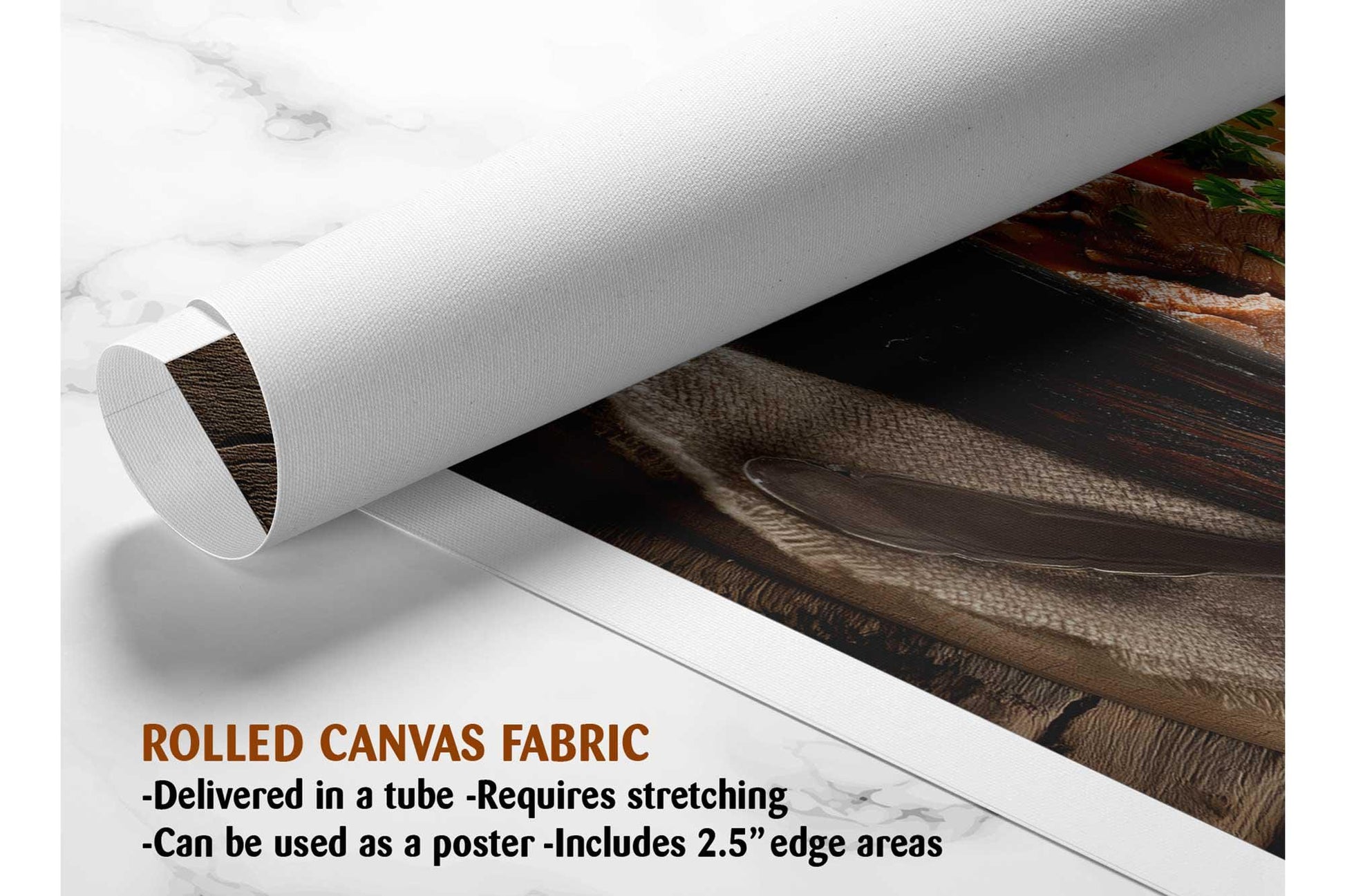 The image is a rolled canvas fabric, which is a type of canvas material used for painting or printing. It is described as a tube-delivered fabric, which means it is delivered in a tube and requires stretching before use. It can be used as a poster with a 2.5&quot; edge area.
