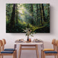 a serene dining scene with a table set for four, surrounded by four wooden chairs. Above the table, a large painting of a lush forest scene is displayed, creating a peaceful and natural ambiance.