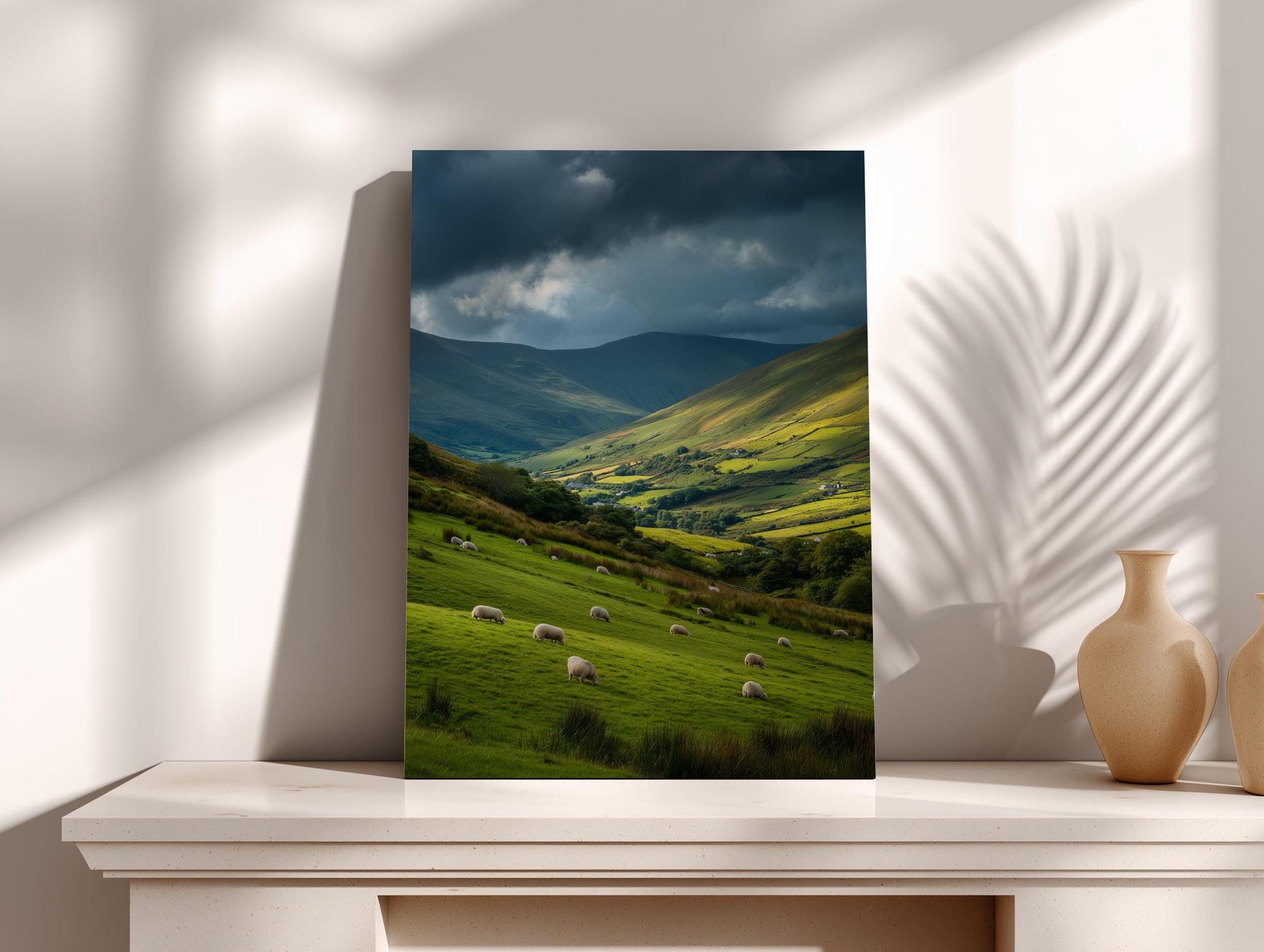 a serene countryside scene with a group of sheep grazing in a lush green field, set against a backdrop of rolling hills and a dramatic cloudy sky.