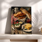 The image is a painting depicting a table with various food items, including croissants, cheese, and fruit.
