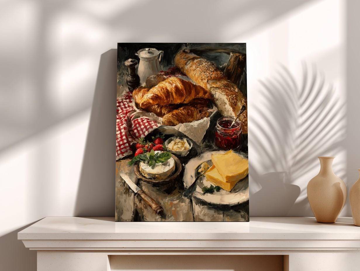 The image is a painting depicting a table with various food items, including croissants, cheese, and fruit.