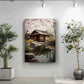 a serene Japanese garden scene with a traditional wooden cabin nestled among cherry blossom trees, surrounded by a tranquil pond with floating fish. The cabin is situated on a small island, creating a picturesque and peaceful atmosphere. The garden is further enhanced by the presence of potted plants, adding to the overall sense of harmony and balance in the scene.