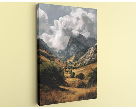 a picturesque mountain landscape with a valley in the foreground, surrounded by lush greenery and a cloudy sky.