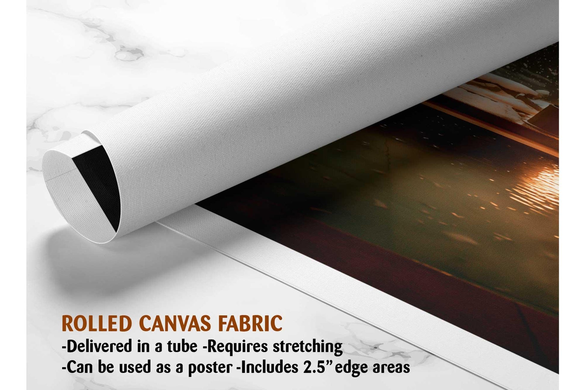 The image is a rolled canvas fabric, which is a type of canvas material used for painting or printing. It is described as a tube-delivered fabric, which means it is delivered in a tube and requires stretching before use. It can be used as a poster with a 2.5&quot; edge area.