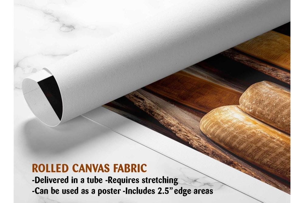 The image is a rolled canvas fabric, which is a type of canvas material used for creating posters or wall art. It is described as a tube-delivered fabric, which means it is delivered in a tube and requires stretching before use. The fabric can be used as a poster and includes a 2.5&quot; edge area.