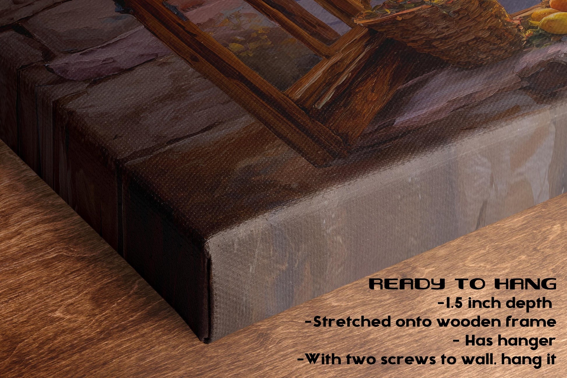 The image is a close-up of a wooden frame with a painting of a basket of fruit on it, placed on a wooden surface.