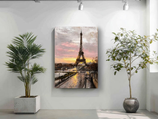 a large painting of the Eiffel Tower hanging on a wall, with a potted plant to the left and a plant to the right.