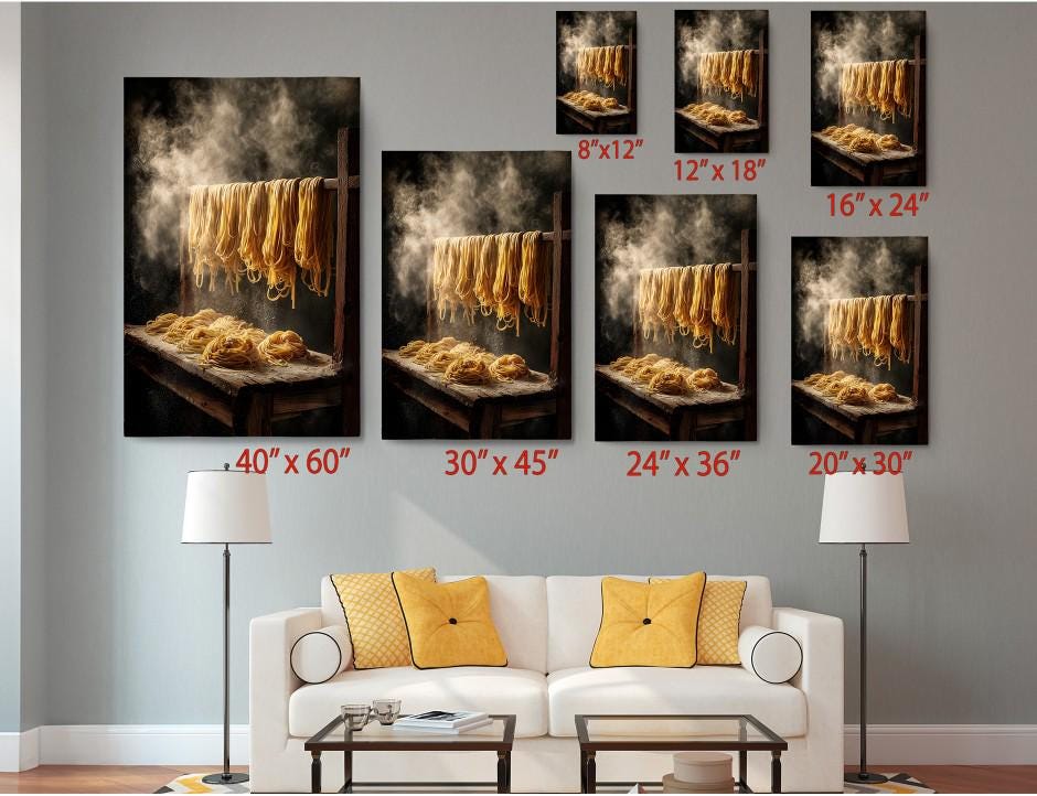 The image is a collage of seven photographs depicting various sizes of the same scene, which appears to be a kitchen or cooking area with steam rising from a cooking surface. The photographs are arranged in a grid format, with each photograph labeled with its size in inches, ranging from 40 to 36.