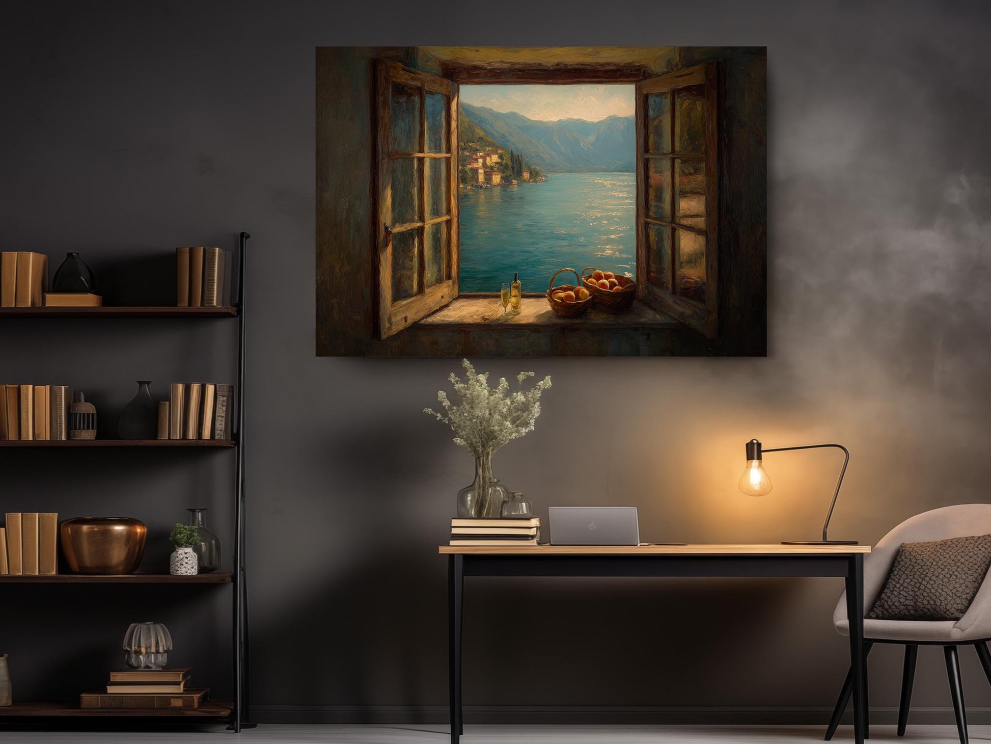 a serene indoor setting with a large painting of a window overlooking a picturesque landscape, a wooden desk with a lamp, a bookshelf, and a vase of flowers.