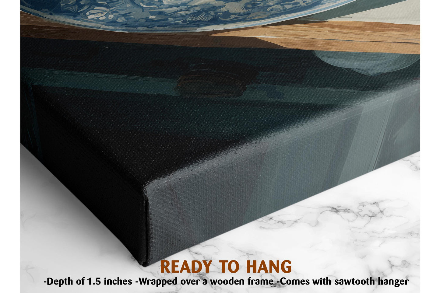 The image is a close-up of a black canvas with a wooden frame, and it appears to be a painting or artwork. The text below the image indicates that it is a ready-to-hang piece, with a depth of 1.5 inches and a wooden frame.