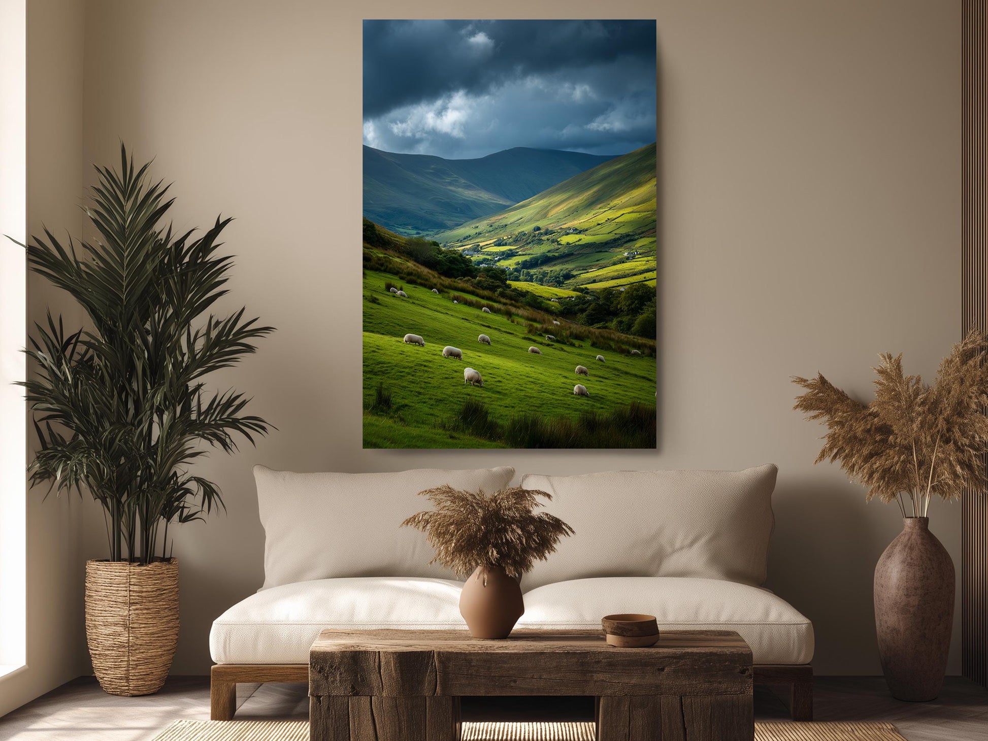 a serene living room with a large landscape painting hanging on the wall, depicting a picturesque countryside scene with rolling hills, lush greenery, and a flock of sheep grazing in the distance. The room is decorated with potted plants, a wooden coffee table, and a vase, creating a cozy and inviting atmosphere.